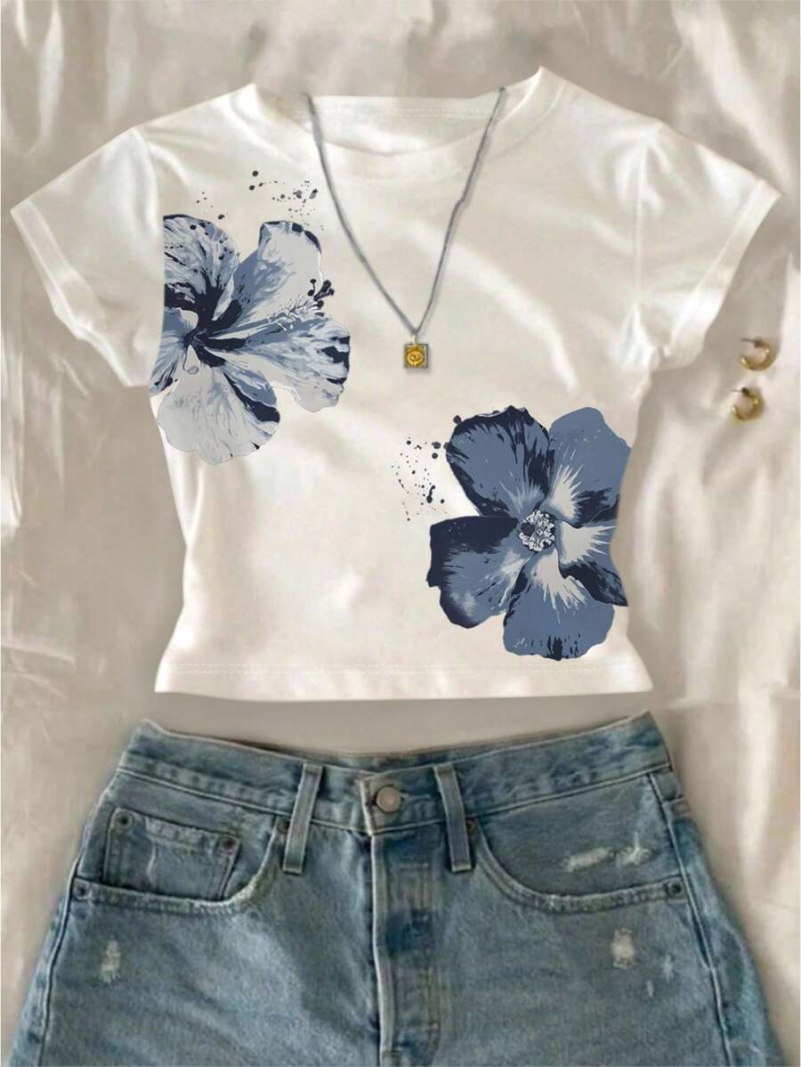 INAWLY Elegant Vacation Style Blue Floral Print Women's Slim Fit Short T-Shirt