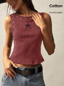 SHEIN BohoFeels Women Plain Knitted Pentagram Crew Neck Fitted T-Shirt - Red - View 1