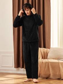Manfinity Underwear&Sleepwear Basics Bộ đồ ngủ 2 món bằng vải nỉ trơn màu dành cho nam, trang phục thu đông - màu đen - Xem 4