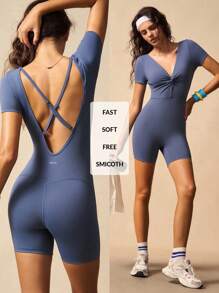 VARSITIE Combinaison skinny de sport à dos nu de couleur unie - Bleu azur - Voir 11