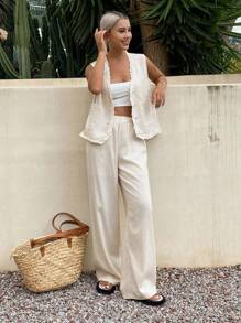 Livesso 2件套女士夏季纯色荷叶边单排扣背心和裤子休闲套装 - 杏色 - 查看 4