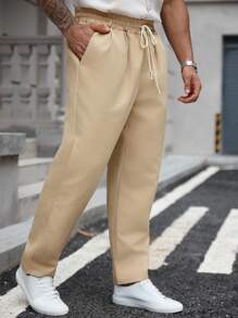 Manfinity Homme 大码男士纯色抽绳腰口袋直筒宽松休闲裤 - 卡其色 - 查看 3