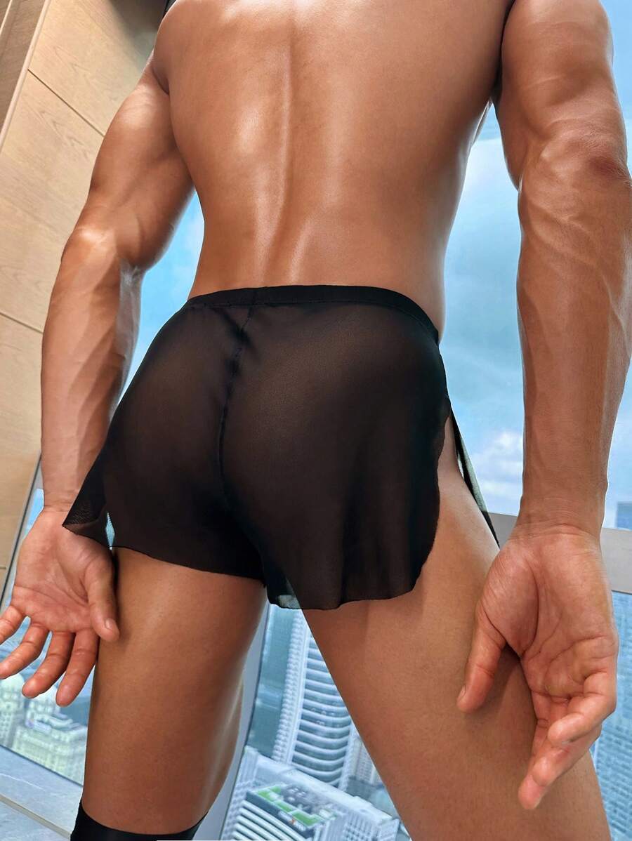 Men's Fashionable Side Slit Revealing Leg Provocative Mesh Revealing Buttocks Sexy Lingerie - Black - View 1
