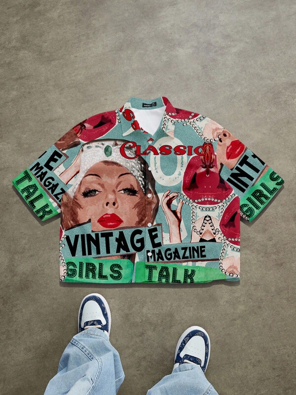 Manfinity ZONE917 Men's Vintage Poster Portrait Pattern Cropped Shirt, Suitable For Summer, Fashionable