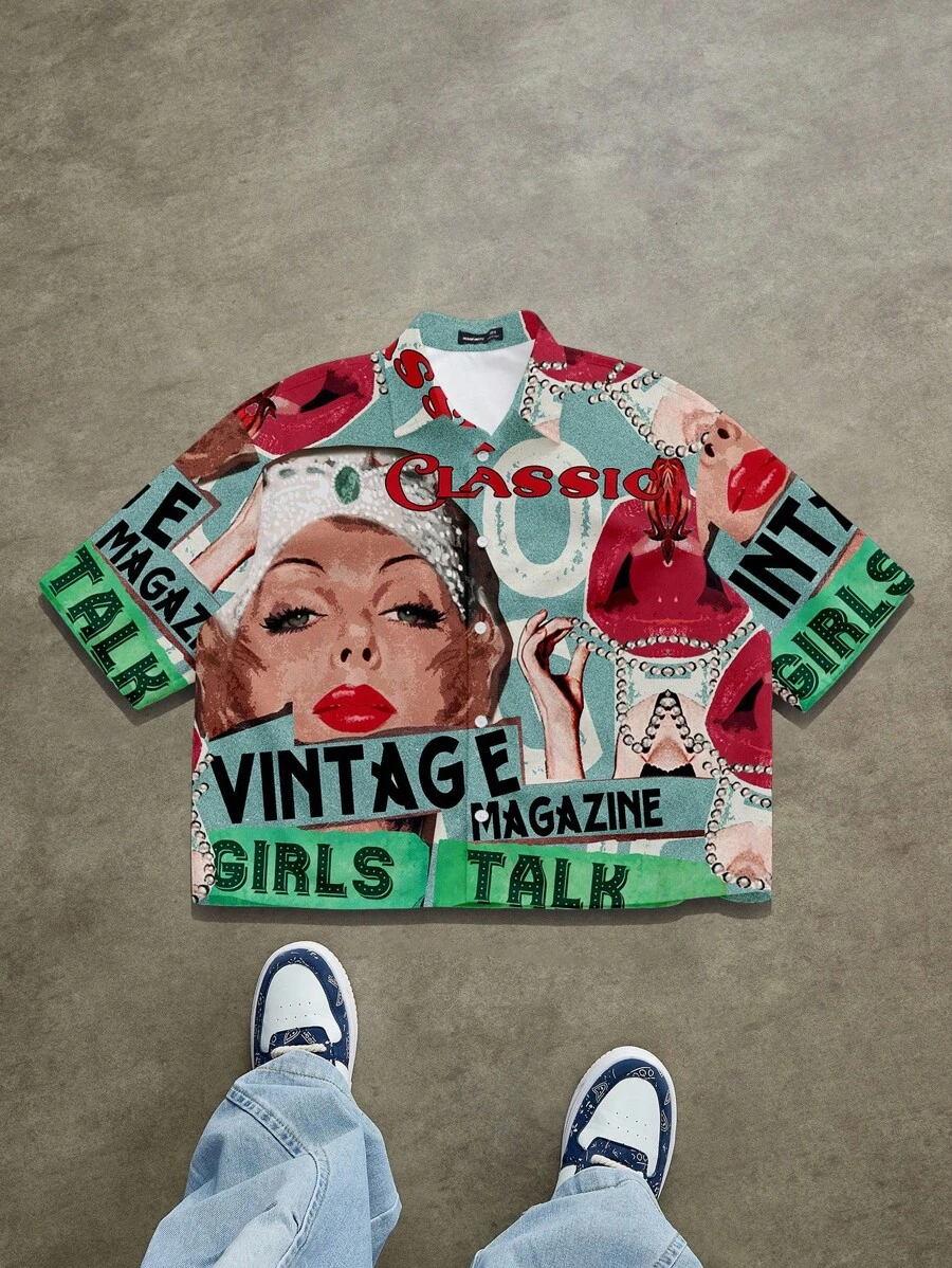 Manfinity EMRG Men's Vintage Poster Portrait Pattern Cropped Shirt, Suitable For Summer, Fashionable - Green - View 1