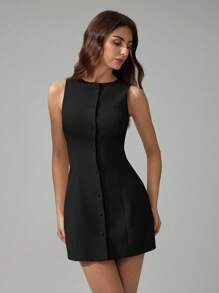 SHEIN Tall Women Solid Color Round Neck Elegant Sleeveless Mini Dress Black Sleeveless Dress - Black - View 7