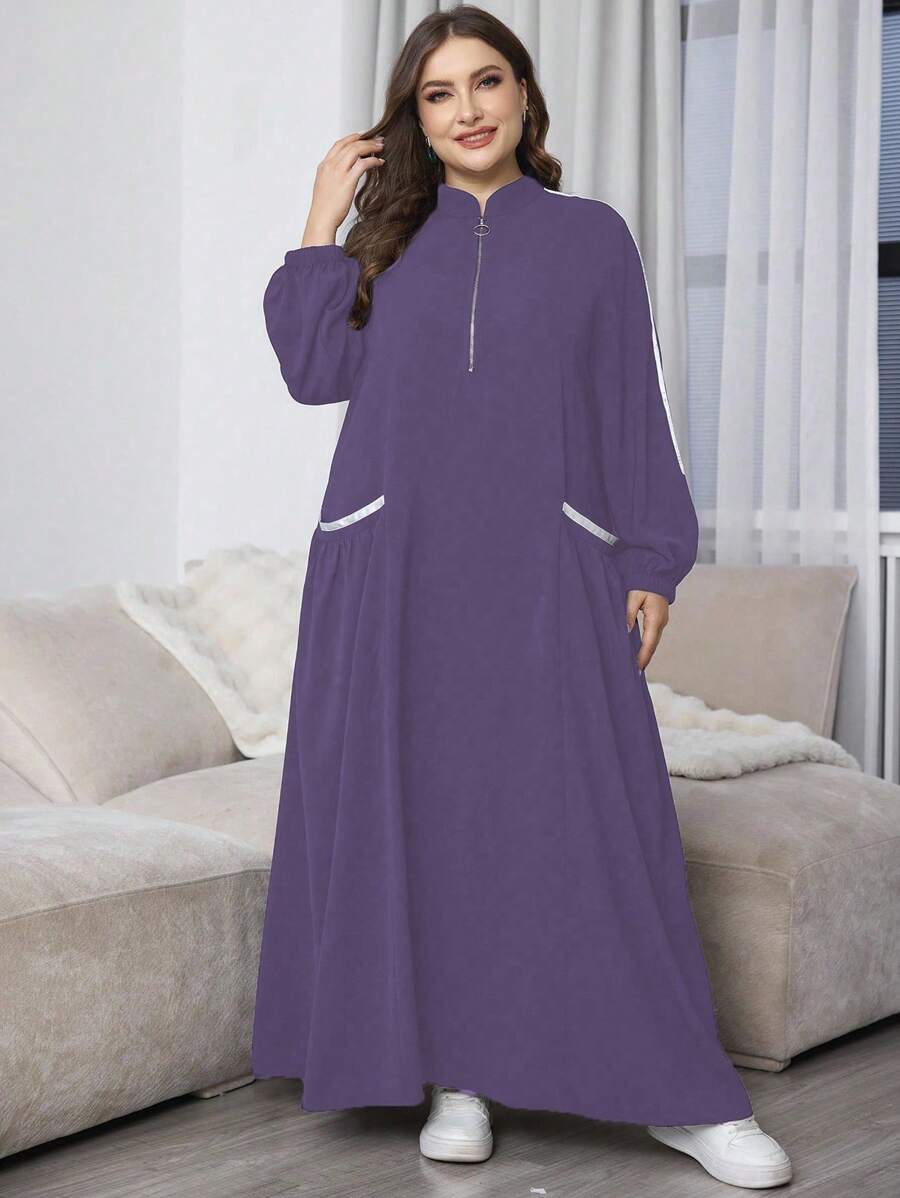 Al Najma 加大码休闲大口袋拉链舒适宽松黑色长裙女装 - 紫色 - 查看 1