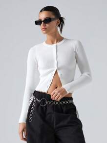 Comfortcana 大码休闲圆领长袖纽扣针织毛衣，秋冬