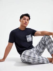 Manfinity Underwear&Sleepwear Basics Men Plaid Patched Pocket PJ Set / Pajama Set
