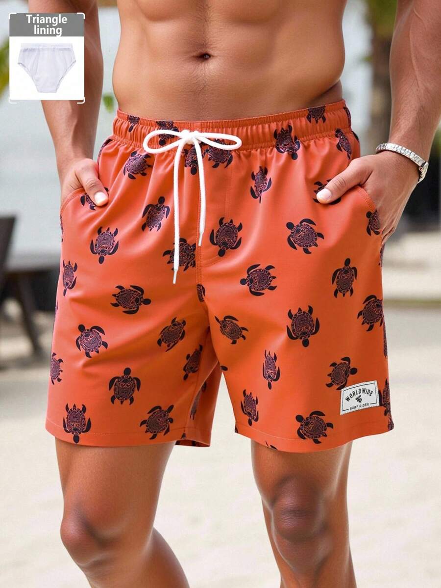 Surfspeed Pantalones cortos de playa con bolsillos, estampado de tortuga marina y cintura con cordón para hombre - Marrón - Ver 1
