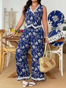 Weeklong Plus Size V-Neck Sleeveless Scalloped Trim Front Opening Jumpsuit And Straight Leg Scalloped Trim Casual Vacation 2 Pieces Set