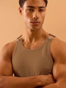 Musero 男士罗纹背心，金属细节扣合，适合夏季春季度假海滩泳池边穿着 - 棕色 - 查看 2