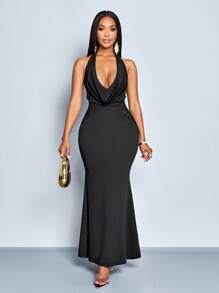 SOLERSUN Women's Solid Color Elegant Halter Draped V Neck Lace Sleeveless Bodycon Dress Suitable For Party & Dating, Dating Maxi Women Outfit - Black - View 3