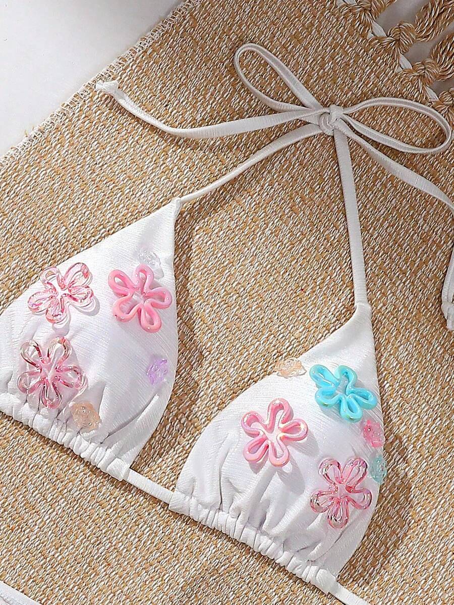 Swim Mod Conjunto de bikini de verano con Top de unicolor con estampado floral y espalda descubierta, y bikini con lazo lateral - Blanco - Ver 1