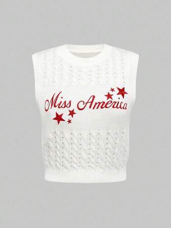 Women's Retro Back To School Nostalgic Miss America Embroidered Star Knit Sweater
