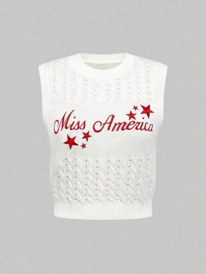 Women's Retro Back To School Nostalgic Miss America Embroidered Star Knit Sweater