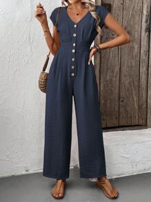 SHEIN LUNE Women's Solid Color Button V-Neck Wide Leg Loose Casual Jumpsuit