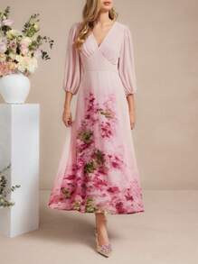 Amorya Women's Elegant V-Neck Waist Gathering High-End Slimming Chiffon Placement Print Long Dress, Suitable For Daily Outings, Vacation & Multi-Occasions, Autumn