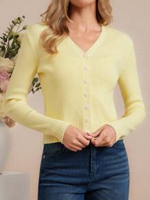 Amorya Women's Solid Color Cream Yellow Single-Breasted Long Sleeve Cardigan, Suitable For Daily Wear, Long Sleeve Top Suitable For Commute 2025new  Casual Versatile Yellow Metal Button Thin Cardigan Autumn Winter Clothes For Women - Yellow - View 5