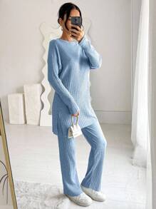 EURMUSE 100%Cotton Drop Shoulder Split Hem Tee & Pants - Baby Blue - View 5