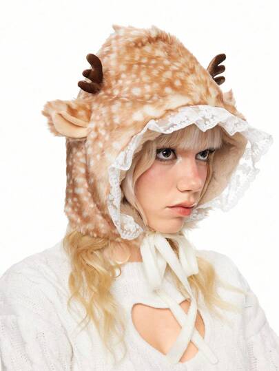 Kawaii 1 pieza Sombrero de estilo Mori Girl con orejas de ciervo de peluche falso y encaje, sombrero lindo con ribete de encaje, sombrero grueso y cálido para protección de orejas en invierno