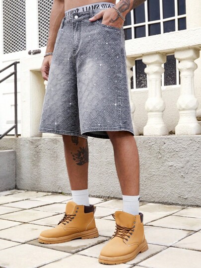 Street Life Men's Casual Summer Rhinestone Washed Distressed Denim Shorts