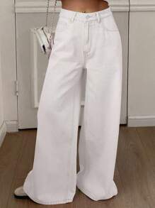 Livesso 夏季新款纯色休闲度假商务休闲风女式白色牛仔裤