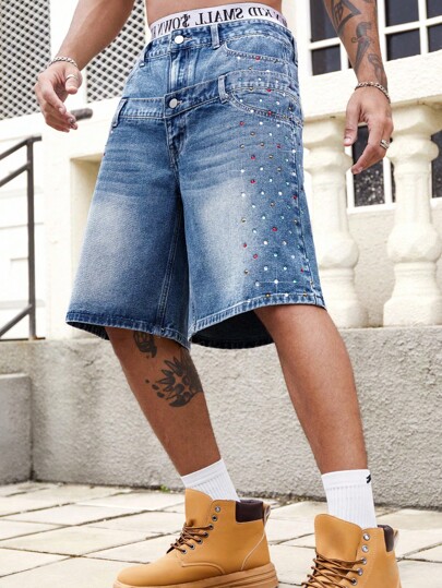 Street Life Men Colored Rhinestone Waistband Double Layer Denim Shorts
