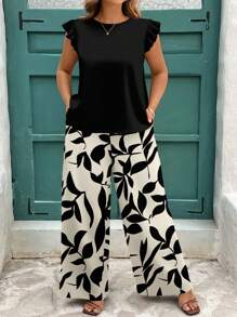 EMERY ROSE Plus Size Casual Solid Color Top And Floral Print Pants 2 Pieces Set Suitable For Going Out,Holiday Outfits For Women Fall Clothes,Flower/Spring/Summer/Vacation - Multicolor - View 6