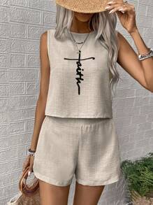 SHEIN LUNE Bộ đồ dệt thoi mùa hè dành cho nữ - Màu be - Xem 6