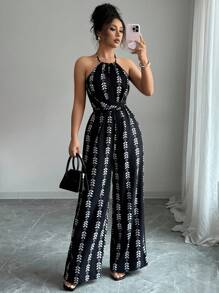 Rafferiza 女士优雅吊带扭纹交叉带松紧腰阔腿无袖连体裤 - 黑色 - 查看 1