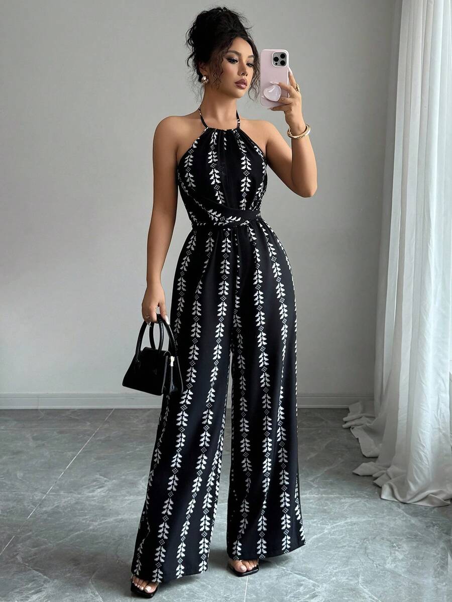 Rafferiza 女士优雅吊带扭纹交叉带松紧腰阔腿无袖连体裤 - 黑色 - 查看 1