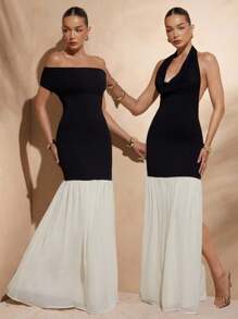 Hauture Women's Two Tone Drop Waist Two Way Neckline Cowl Neck Off Shoulder Sexy Dress, Vacation, Party - Black and White - View 1