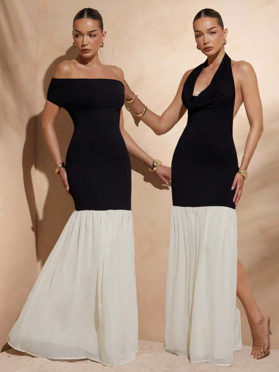 Hauture Women's Two Tone Drop Waist Two Way Neckline Cowl Neck Off Shoulder Sexy Dress, Vacation, Party - Black and White - View 1