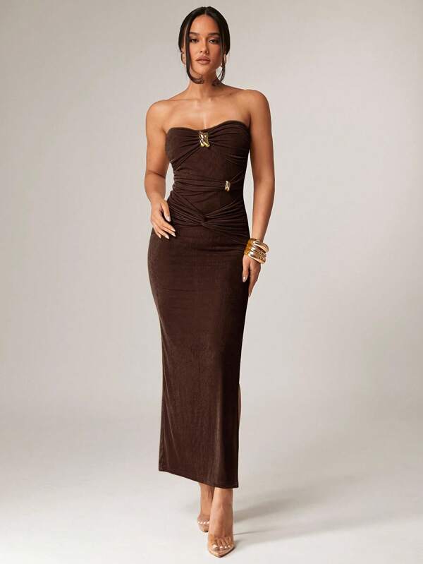 Silquee Damen elegantes einfarbiges Twist-Bandeau-Kleid