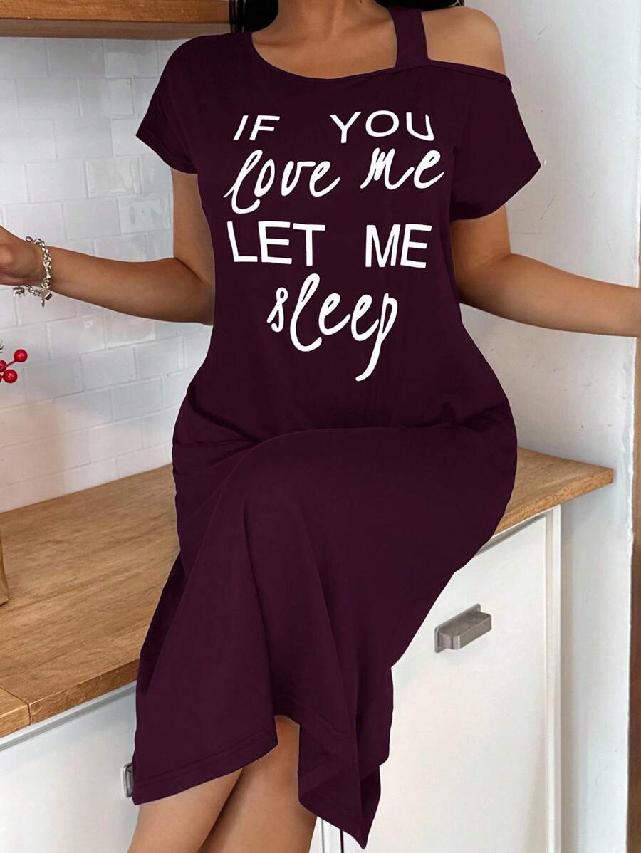 SHEIN Soft Touch Knitted Nightgown In Purple With Cut Out Detail And Casual Letter Print Style, Moo Moo Night Dress - Purple - View 1