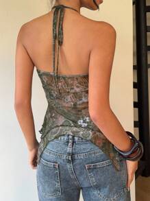 SHEIN EZwear Women's Paisley Print Patchwork Country Concert Retro Print Mesh Backless  Boho Beaded Halter Top, Summer,Western Outfits For Women,Y2k Clothes Women - Multicolor - View 2