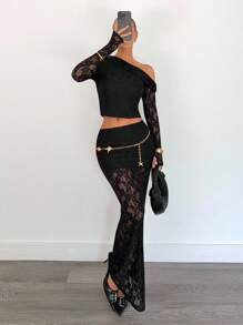 Siren Gaze New Black Sheer Elegant Lace 2-Piece Set For Women, Autumn Black Lace Two Piece Set Elegant Two Piece Set,Off-The-Shoulder Lace Top Winter Black - Black - View 6