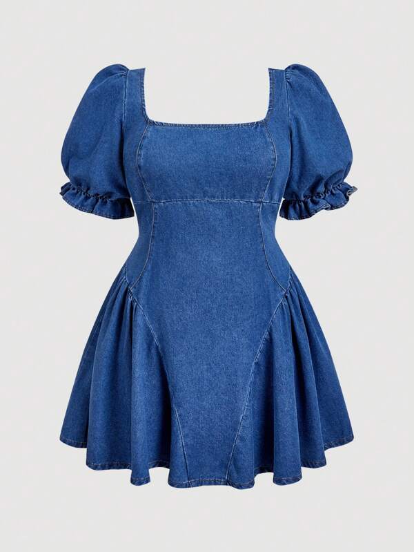 SHEIN MOD Plus Size Summer Casual Puff Sleeve Denim Dress