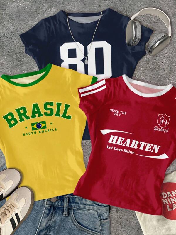 SHEIN 3 piezas/set de camisetas gráficas estilo calle retro para niñas preadolescente, camiseta de manga corta ajustada con cuello redondo, cómodas y casuales para el verano, con diseños de dopamina, rojo vintage, amarillo brillante, adecuadas para comodidad fácil, capas de otoño para niños, niños estilosos, uso casual, ropa gráfica para chicos, vuelta al colegio, otoño