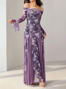 Modelyn Váy midi trễ vai phối lưới nhuộm loang lãng mạn tay loe thanh lịch dành cho nữ, váy bướm tím phong cách Hàn Quốc, váy dạ hội màu hoa oải hương, váy dạ hội màu tử đinh hương, váy trễ vai in họa tiết bướm, trang phục thu đông giản dị thời trang dành cho nữ, trang phục nữ cổ điển giản dị dễ thương, trang phục trở lại trường, váy trở lại trường, trang phục nữ giáo viên - Nhiều màu - Xem 7