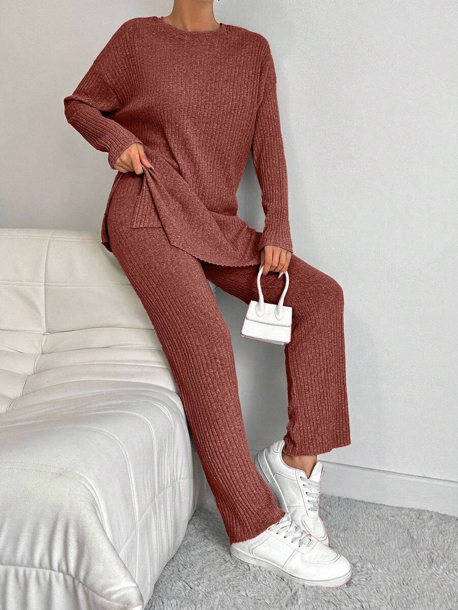 EURMUSE 100%Cotton Drop Shoulder Split Hem Tee & Pants - Dusty Pink - View 1