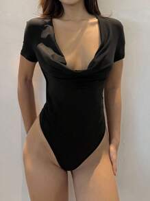 SHEIN Unity Body da bagno con schiena scoperta, collo profondamente drappeggiato, elegante, sexy, minimalista, casual, adatto per uso quotidiano estivo per donne - nero - Visualizzare 6