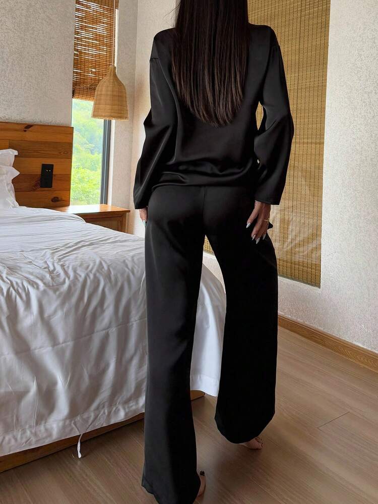 Contrast Color Bowknot V-Neck Satin Women's Pajama Set, Fall Clothes