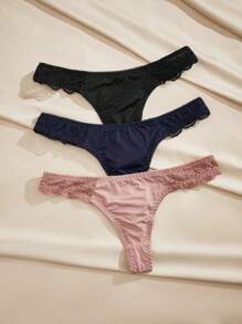 Charlaine 3packs Contrast Lace Thong Sexy Lingerie - Multicolor - View 3