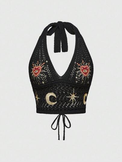 ROMWE Avant Women Gothic Romantic Style Heart Embroidery Jewel Crystal Teardrop Star Pattern Knitted Top, Summer