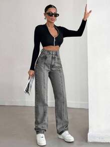 EURMUSE 100%Cotton Solid Color Straight Leg Jeans - Light Grey - View 3