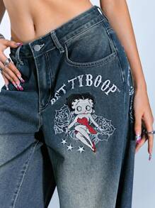Betty Boop | ROMWE 卡通人物刺绣哥特式十字架与藤蔓玫瑰做旧水洗超大 Y2K 牛仔裤