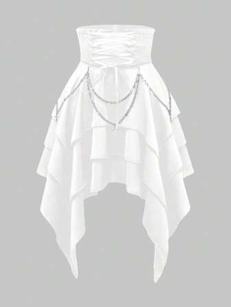 Goth Vintage Gothic High Waist Detachable Metal Chain Super High Waist Lace-Up Cinched Waist Asymmetrical Multilayer Hem Women Skirt