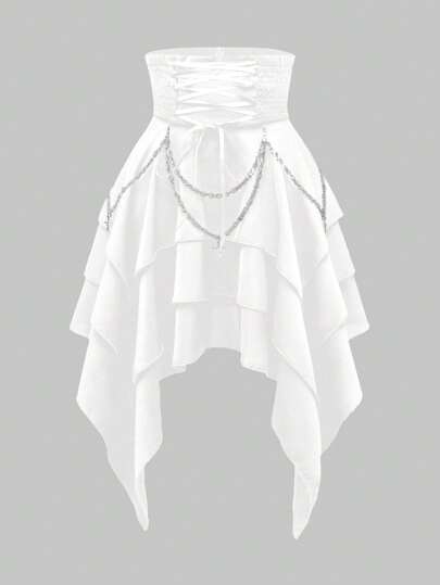 Vintage Gothic High Waist Detachable Metal Chain Super High Waist Lace-Up Cinched Waist Asymmetrical Multilayer Hem Women Skirt